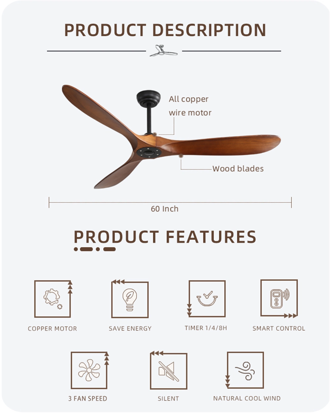 2023 Newest 5 Fan Speed BLDC Wood Ceiling Fan with Remote