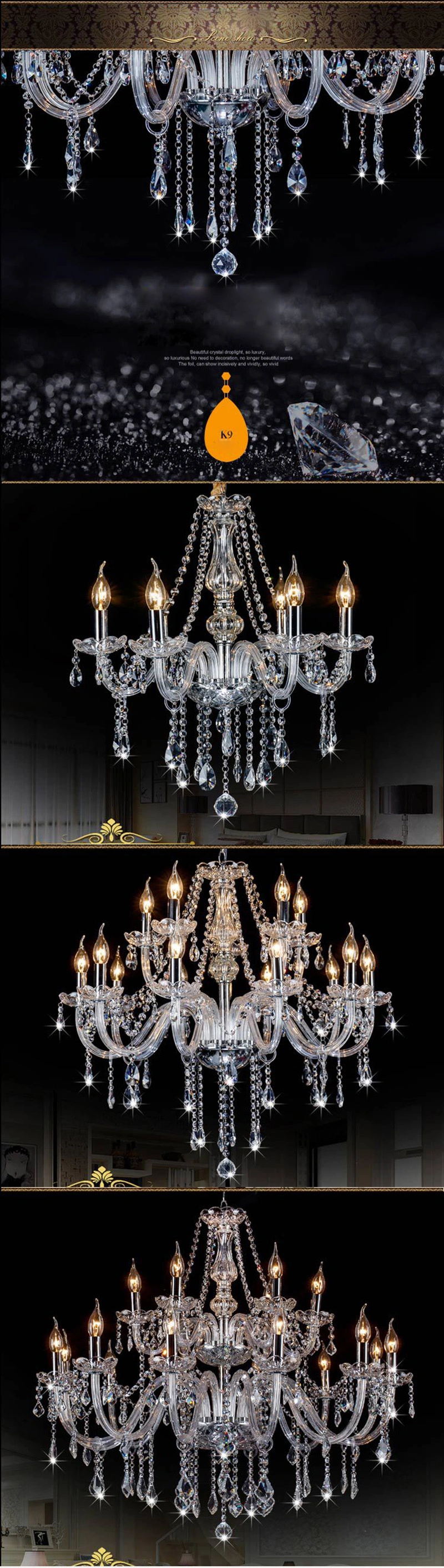 European Modern Luxury Candle K9 Crystal Chandelier for Home Living Room Restaurant Hotel Decoration Indoor Lighting